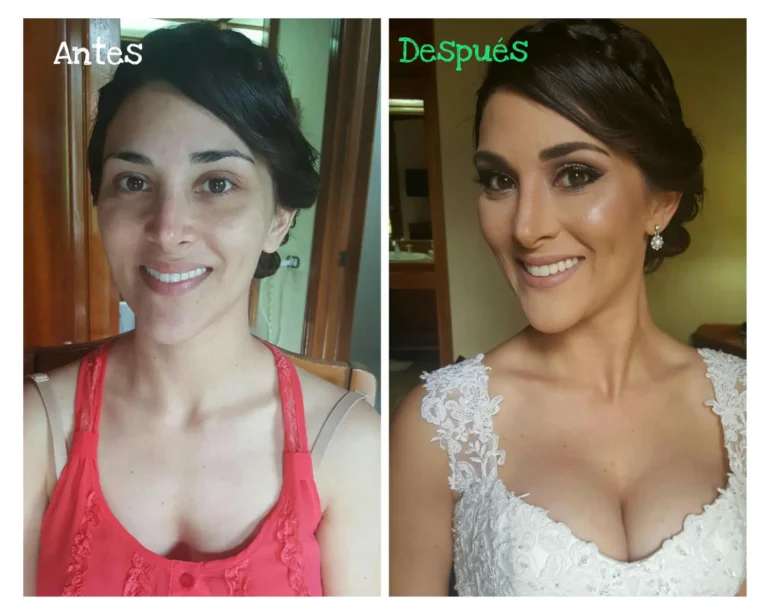 Maquillaje y peinado de novia a domicilio en Cádiz, resultado antes y después.